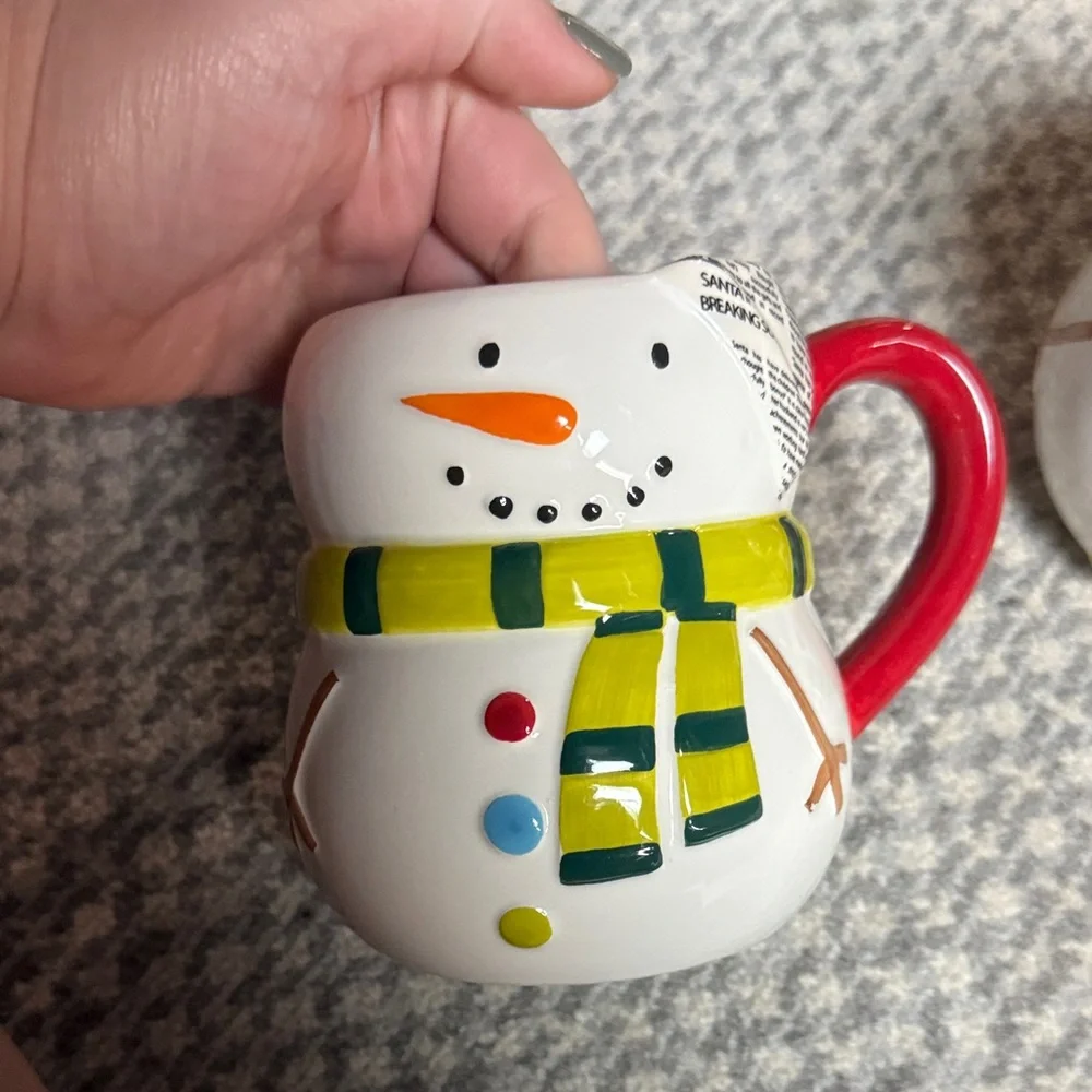 Set of 4 Sur La Table Snowman Mug with Red Handle